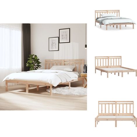 Cadre de lit sans matelas bois massif - Cadre De Lit - Lit Double - Bois Massif - Design Rustique - Tête De Lit Intégrée (1/5)