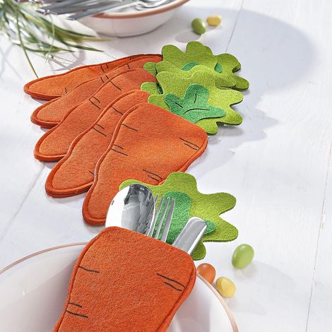 Dieses 6-teilige Karotten-Besteckaufbewahrungstaschen-Set aus Filz eignet sich zur Aufbewahrung von Karottengabeln, Messern und anderem Besteck und ist auch als Tischdekoration geeignet. (1/4)
