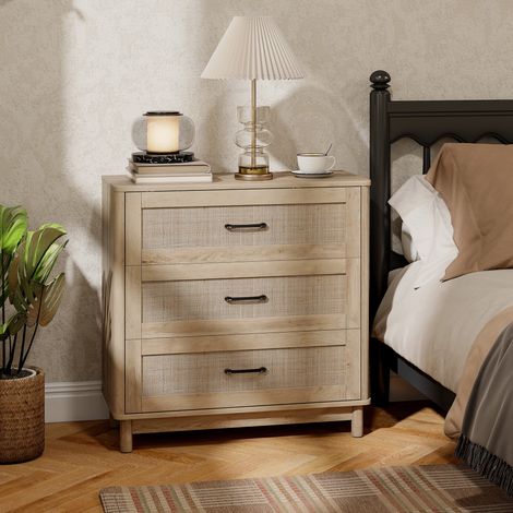 Commode 3 Tiroirs en Rotin, Meuble de Rangement, Chiffonnier, Pieds en Bois Massif, Style Bohème, 76x35x76cm, Chêne (1/5)