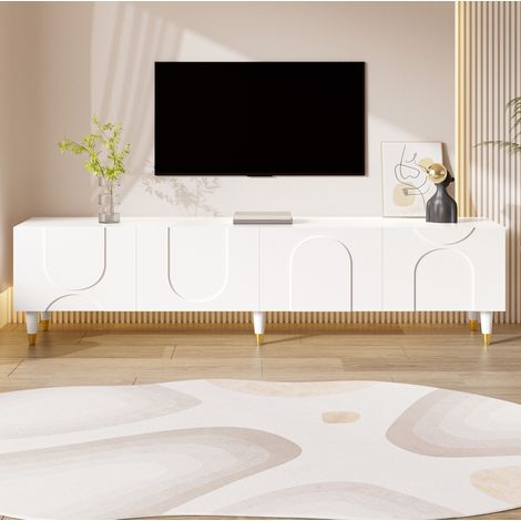 Meuble TV 180x40x50 cm, 4 portes à relief arche asymétrique, blanc, panneaux de bois, FloraGrace (1/5)