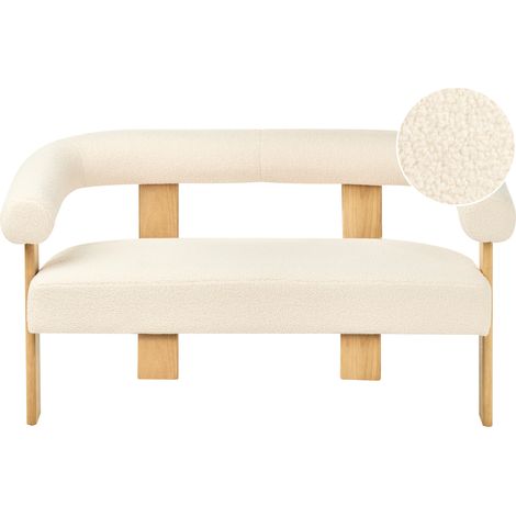 Sofá 2 plazas retro salón tapizado de bouclé patas de madera blanco crema y marrón claro Ilbro