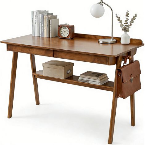 Bureau avec 2 tiroirs et étagère de rangement, table de travail 120 x 60 cm pour petit espace, style mid-century, CHICFURN (1/5)