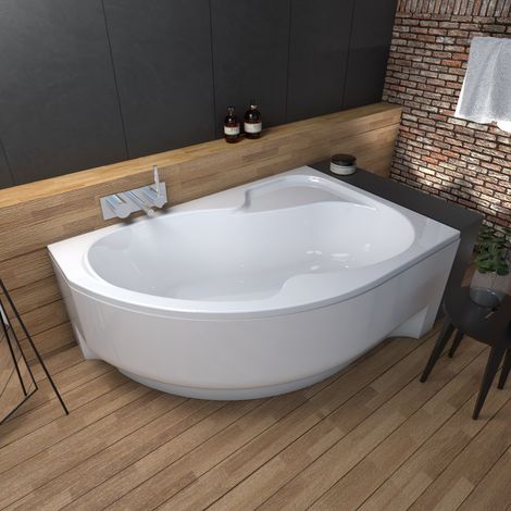 ECOLAM Baignoire d'angle Wela 170 x 100 cm droite + tablier en acrylique blanc  pieds siphon + silicone  set complet