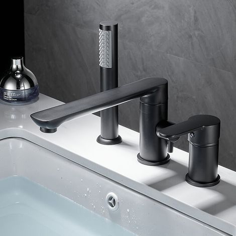 Ensemble de douche pour baignoire à 3 trous, séparé - Corps en laiton - Installation murale, Noir