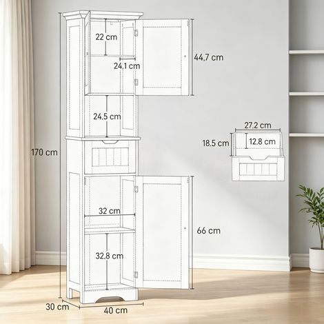 Colonne de salle de bain lumineuse LED, meuble de rangement haut étroit avec tiroir et double porte, armoire autoportante pour salle d'eau, rangement vertical gain de place (1/5)