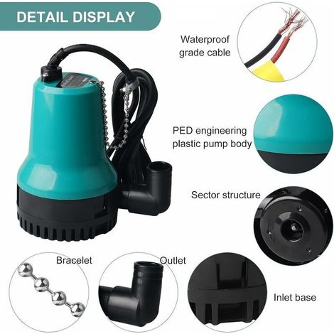 Pompe à Eau Pompe Vide Cave DC 24V 50W 4500L/H Pompe Immergée pour Puit Pompe Vide Piscine Pompe Submersible pour Piscine, Cave, Étang avec Câble de 2,5M Pince (1/4)