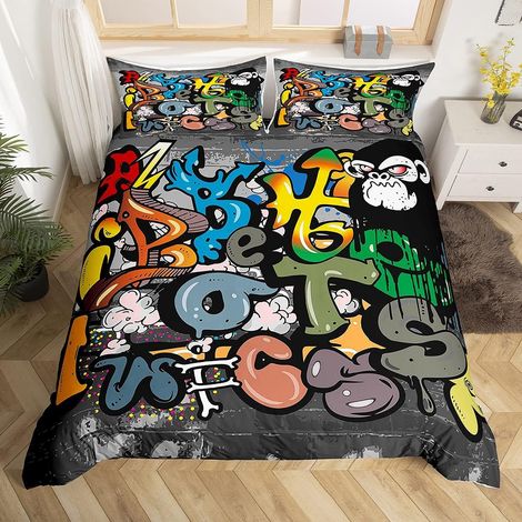 Housse de Couette Teen Hippie lit d'enfant Aquarelle Doodle Parure de Lit 200x200cm décoration Abstraite Literie Set avec 2 taie d'oreiller (1/5)