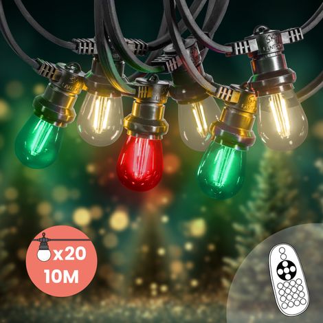 Guirlande de Noël Extérieure IP65 10 m 20 Ampoules Filament LED Traditionnelle Dimmables + Télécommande & Variateur – Idéale Sapin Jardin Terrasse