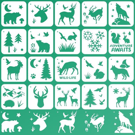Lot de 20 pochoirs muraux réutilisables en forme d'animaux de la forêt pour peinture, ours, cerf, loup, mouton, oiseau, arbre - Pour loisirs créatifs, toile, meubles, terrasse et décoration (1/5)