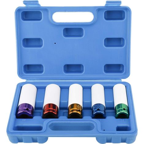 Set of 5 Impact Sockets for Extra Thin Wall Metric Drive Wheel Rims, Sizes 15, 17, 19, 21, 22 mm (1/5)