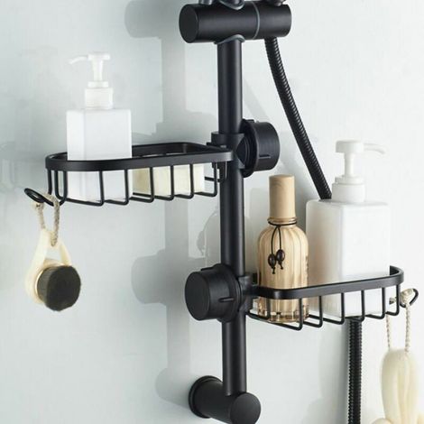 tagre de douche sans perage en inox tlescopique porte-savon et barre de douche noire (1/4)