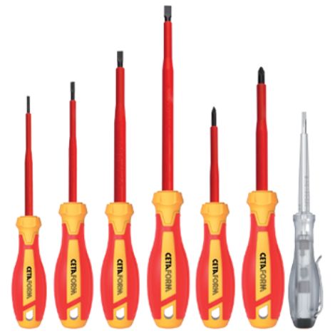 Jeu de 7 Tournevis softgrip isolée VDE 1000V plats et Pozidriv CETAFORM (1/5)