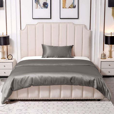 Parure de lit en soie 25 Momme - 2 pièces - Housse de couette 135 x 200 cm et taies d'oreiller 40 x 80 cm - Hypoallergénique - En soie de mûrier - Ultra douce et lisse - Charbon de bois (1/5)