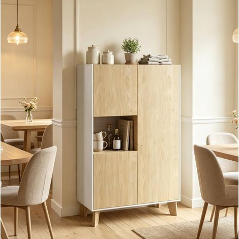 Buffetschrank 80 x 40 x 135 cm mit Soft-Close-Türen, Weiß und Hell-Eiche HAVRYA (1/5)