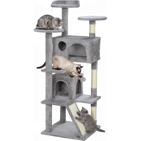 Grand arbre à chat multi‑niveaux 49×49×138 cm, 2 niches, plateformes multiples, rampe, poteaux sisal, jouets suspendus, kit anti‑bascule, pour 1‑3 chats jusqu’à 5 kg, assemblage requis (1/5)