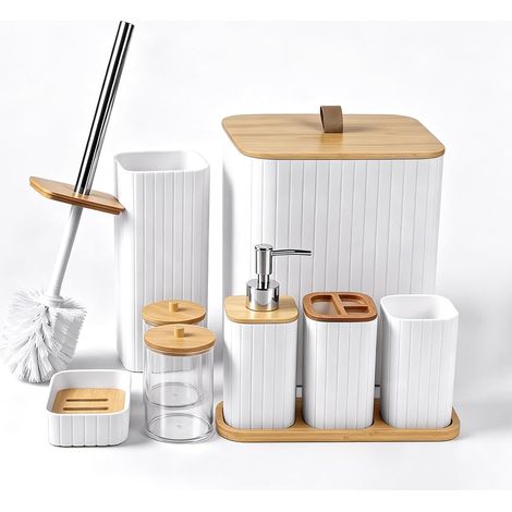 9 Pcs Ensemble Accessoires Salle de Bain avec Brosse de Toilette et Support, 2 Contenants, Poubelle WC, Distributeur Savon, Gobelet, Porte Brosse à Dents, Porte Savon, Organisateur Noir (1/5)