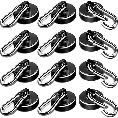 Ganci magnetici resistenti, portata 22 kg, con moschettone girevole, adatti per frigoriferi da cucina, ecc. - Confezione da 12, neri (1/5)