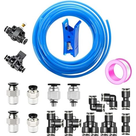 10m Polyuréthane Tuyau Pneumatique Bleu, 6mm x 4 mm (ODxID) PU Tuyau Air avec 16 Connecteur Pneumatique(Noir 2 Droits, 2 Coudes, 2 Raccords en T, 2 Séparateurs enY, 6 Raccords Filetés Mâle) (1/5)