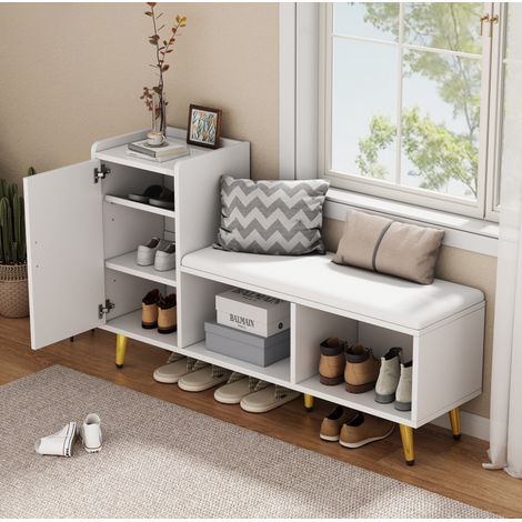 Meuble à chaussures banc 120x35x71,5 cm en bois blanc, gain de place pour entrée FloraGrace (1/5)