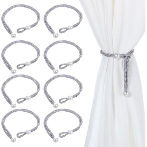 Lot de 8 embrasses de rideaux réglables en corde grise avec boucle de rideau en perles, style simple et décoratif pour maison, hôtel, bureau, fenêtre (1/4)