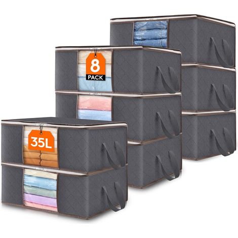 Lot de 8 sacs de rangement gris 35L, housse couette transparente, poignées renforcées, pliable. (1/5)
