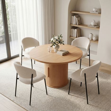 HIPIHOM Table de Salle à Manger Ronde avec Socle Cannelé et Rangement, Table de Cuisine en Bois 110 cm avec Porte à Tambour Invisible et étagères, Capacité de 150 kg, Encombrante(4 Chaises, Blanc)