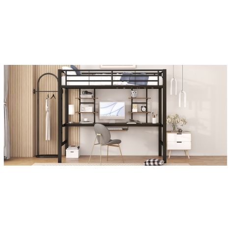 Hochbett, Bettgestell Metallbett, Eisenbett, Hochbett mit Schreibtisch und zwei Bücherregalen für Kinder, Jugendliche und Erwachsene