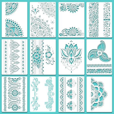 12 Pcs Large Mandala Stencils Reusable Mandala Painting Templates 8.5" x 11.5" Floral Pattern Stencil Mandala Drawing Stencil for DIY Wall Tile Furniture Canvas Outdoor Indoor Decoration