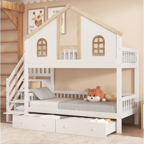 Letto a castello per bambini 90x200 cm in legno bianco e naturale con contenitore - CHICFURN (1/5)