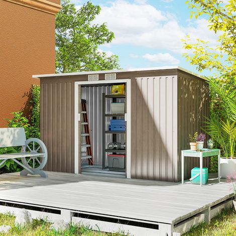Effet bois gris - Abri de jardin acier galvanisé 3,2 m², kit fondation, aérations, toit incliné, porte double verrouillable (1/4)