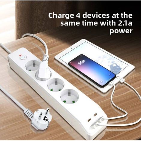 Multiprise 4 prises avec 2 ports USB-A et 2 USB-C, protection parafoudre, design compact pour bureau et maison (1/5)
