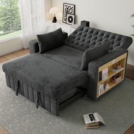 Sofá cama plegable (140x137x84 cm), convertible en cama, reposabrazos con portavasos y estante, chenilla gris (1/5)