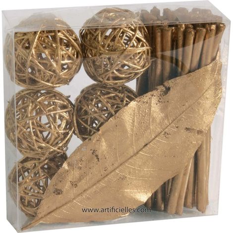 Kit déco Rotin Or : 6 fagots 6 boules 1 feuille - couleur: Doré