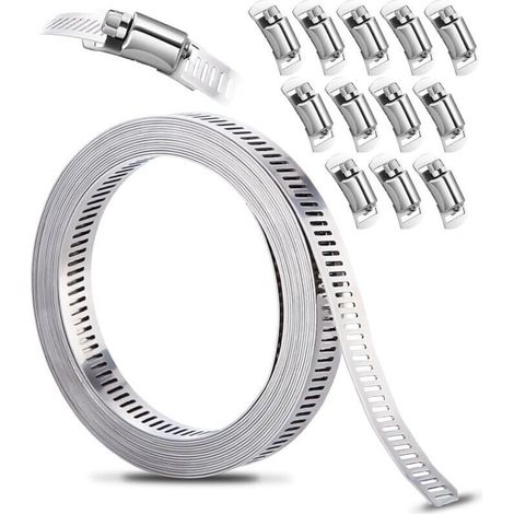 Kit de colliers de serrage pour tuyaux en acier inoxydable 304 à monter soi-même, bande métallique perforée de 3,5 m + 12 fixations, réglable, pour tuyaux, gaz, eau, voiture, machine à laver et jardin