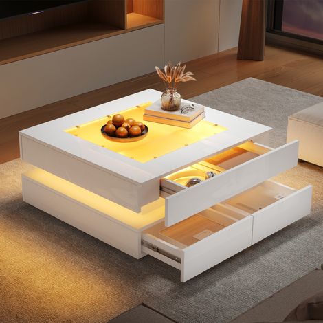 Table basse 70 x 70 x 35 cm avec plateau en verre, table basse géométrique avec éclairage LED, 3 tiroirs, finition laquée brillante, idéale pour les petits espaces, blanche. (1/4)