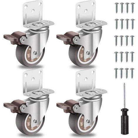 50mm Roulettes pour Meubles avec 4 Frein, Plaque de Montage en L, Roulette Charge Lourde Jusqu'à 270KG, Caoutchouc pour Tous Les Sols, Meuble, Étagères,Coffres à Jouets,lot de 4
