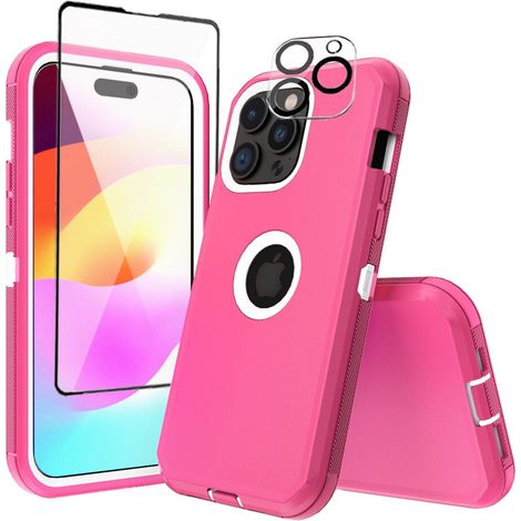 Custodia Xhy per iPhone 15 Plus, con protezione per schermo e lente, armatura antiurto 3 in 1 di livello militare, rosso rosa + bianco. (1/2)