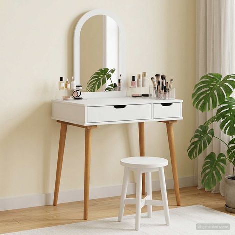Ensemble coiffeuse 2 pièces avec miroir, 2 tiroirs, bois d’ingénierie, blanc, 76 x 50 x 143 cm - PANGIVO (1/5)