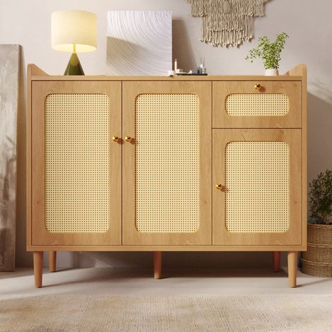Buffet bas 120x40x91 cm, 3 portes avec cannage en rotin, 1 tiroir, étagères réglables, fermeture douce, pieds surélevés, décor chêne (1/5)