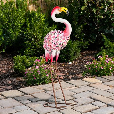 Statuette de jardin flamant rose en métal avec plumes florales (1/5)