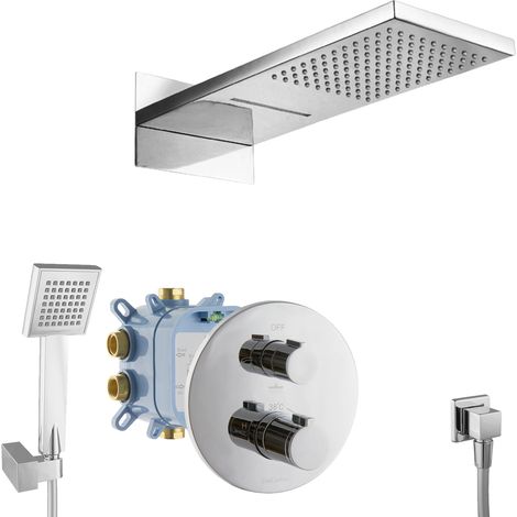 Système de douche encastré PaulGurkes avec thermostat et douche à effet cascade - Ensemble complet prêt à monter