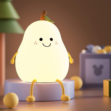 Creative Pear Shape Kids Night Light with Timer Function, 7 Colors LED Children Night Light, USB Rechargeable, Bedside Lamp Nightlight for Holiday Gifts and Bedroom (1/5)
