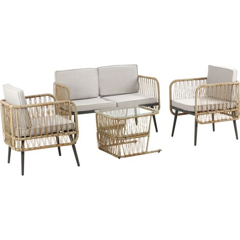 Outsunny Ensemble salon de jardin 4 pièces canapé 2 places + 2 fauteuils + 1 table basse plateau verre trempé 8 coussins - métal et résine tressée - beige (1/5)
