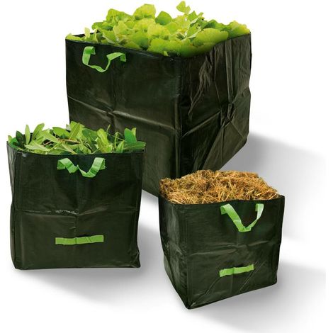 Lot de 3 sacs de jardin carrés 70/100/170 litres – Polyéthylène tressé haute résistance – 2 poignées pour transport facile – Greengers