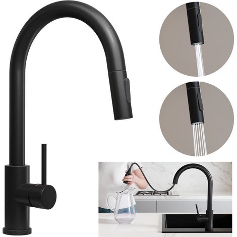 Primagran – Robinet de cuisine mitigeur haute pression noir – Bec extractible 140 cm – Rotation 360° – Deux modes de jet – Économie d'eau