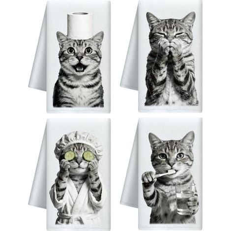 CUTHOLLOW Set de 4 Torchon de Cuisine Décoratifs, Chat Lavé, Microfibre Douce et Absorbante, Torchons pour Vaisselle, Cuisine, Thé, Café, Bar, Maison, Cadeau pour Crémaillère (1/5)