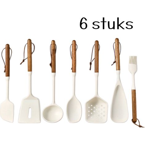 Ensemble de 7 ustensiles de cuisine en silicone avec manches en bois comprenant spatule louche écumoire et brosse résistants à la chaleur pour préparation et cuisson couleur blanche (1/5)