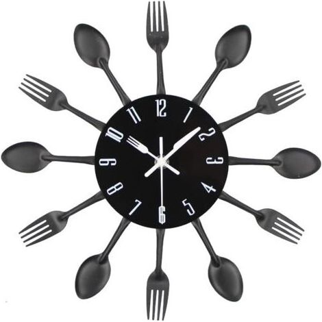 Küchenwanduhr, 3D abnehmbar, modern und kreativ, Küchenbesteck, Löffel, Gabel, Wanduhr, Spiegel, Wandaufkleber, Heimdekoration (schwarz) (1/5)