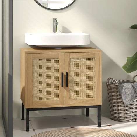 Meuble vasque bohème décor chêne avec 2 portes aspect rotin, étagères intérieures et pieds métal 60x39x60 cm (1/5)