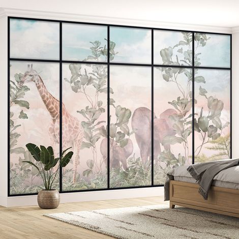 Papier peint panoramique Trompe l'oeil Verrière Enfants - Animaux de la jungle - 130 cm x 82 cm (1/3)